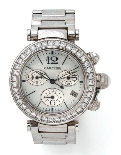 CARTIER Pasha Montre bracelet chronographe de dame en or gris (750). Boîtier rond,...