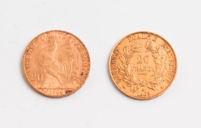 null FRANCE 

Deux pièces de 20 Francs or, IIIème République,

- une de 1851, Strasbourg.

-...