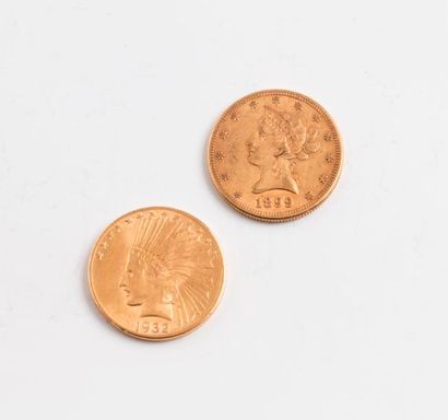 null ETATS-UNIS

Deux pièces de 10 dollars or "Liberté" 1899 et "Indien" 1932. 

Poids...