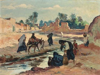 Henri PONTOY (1888-1968) Porteuses d'eau, oasis du sud marocain.
Huile sur toile.
Signée...