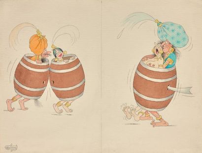 Albert DUBOUT (1905-1976) Les tonneaux.
Encre et aquarelle sur papier.
Signée en...