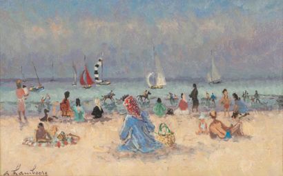 André HAMBOURG (1909-1999) Beau temps sur la plage, 1960.
Huile sur toile.
Signée...