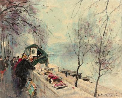 Jules René HERVÉ (1887-1981) Les bouquinistes sur les quais de Seine.
Huile sur toile.
Signée...