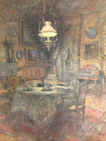 Paul François Marie URTIN (1874-1962) 

Salle à manger à la table dressée. 

Huile...