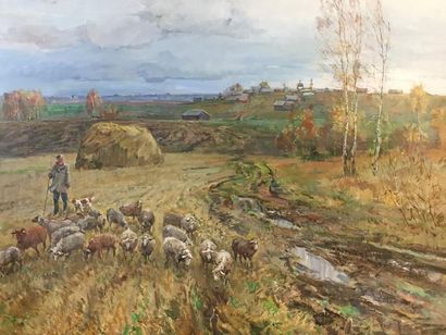 Ivan TABAKOV (1901-1977) 

Berger et troupeau dans la plaine. 

Huile sur toile....