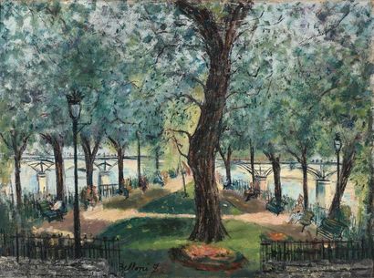 Serge BELLONI (1925 - 2005) 

Le square du Vert-Galant. 

Huile sur toile. 

Signée...
