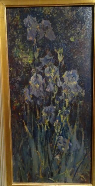 Michel KOROCHANSKY (1866-1925) 

Iris mauves.

Huile sur panneau.

Signée en bas...