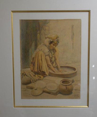 Louis-Auguste GIRARDOT (1856-1933) 

Orientale préparant le pain. 

Pastel sur papier....
