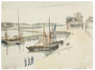 Maurice ASSELIN (1882-1947) 

Voiliers à quai dans un port, 1921.

Aquarelle sur...