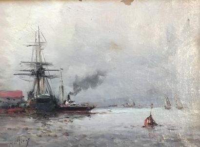 Henry MALFROY (1895-1944) 

Voilier et cargo à quai.

Huile sur toile.

Signée en...