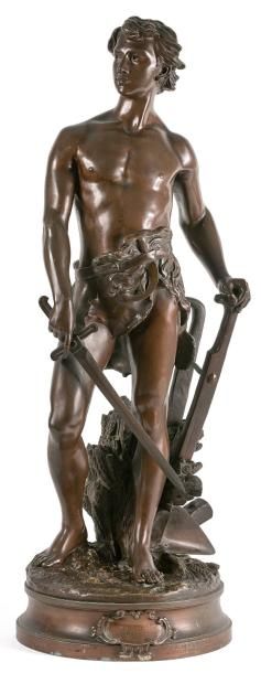 D'après Adrien GAUDEZ (1845-1902) 
Le Devoir.
Epreuve en bronze à patine brune nuancée.
Signée...