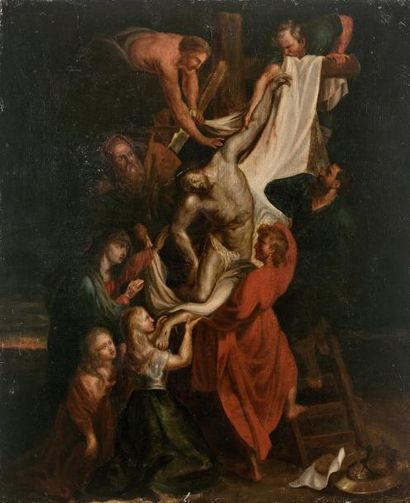 D'après Pierre-Paul RUBENS (1577-1640) 
La Descente de croix.
Huile sur toile.
60,5...