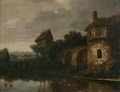 Nicolaes MOLENAER (Haarlem vers 1628/1629-1676) 
Bord de rivière au pigeonnier et...