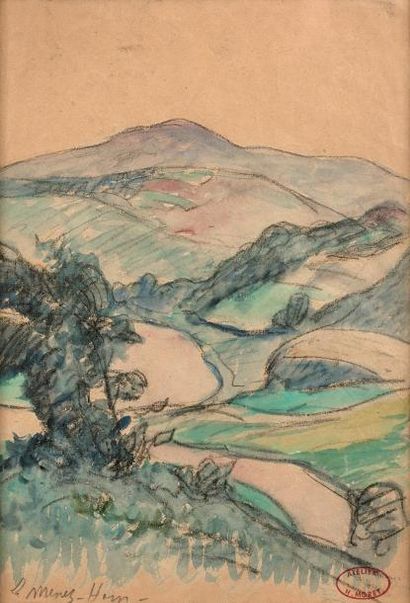 Henry MORET (1856-1913) 
Le Menez-Hom.
Dessin au fusain et aquarelle.
Titré en bas...