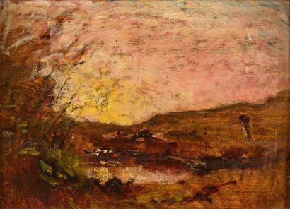 Auguste RAVIER (1814-1895) 
Paysage d'automne au soleil couchant.
Huile sur panneau...