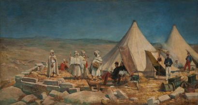Gustave BETTINGER (1857-1934) 
La rencontre au campement.
Huile sur toile.
Signée...