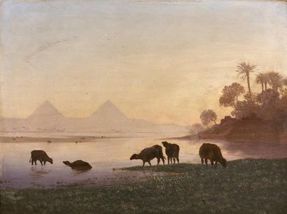 Attribué à Théodore FRERE (1814-1888) 
Vaches s'abreuvant dans le Nil au pied des...