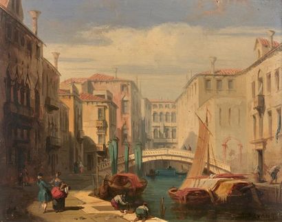 Jules JOYANT (1803-1854) 
Canal animé à Venise.
Huile sur panneau.
Signée en bas...