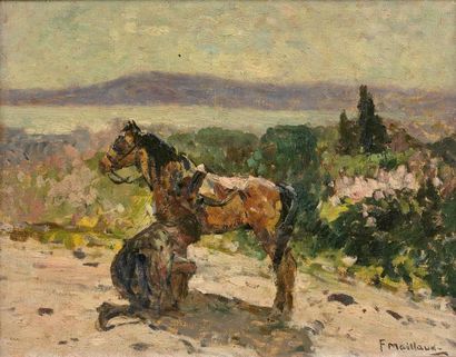 Fernand MAILLAUD (1863-1948) 
Cavalier agenouillé près de son cheval.
Huile sur toile...