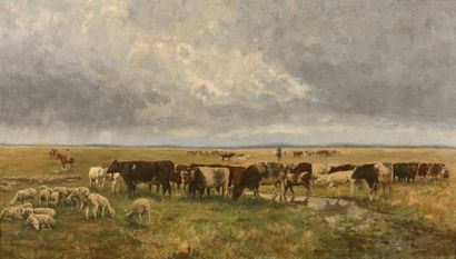 TRISTAN LACROIX (1849-1914) 
Vaches et brebis.
Huile sur toile.
Signée en bas à droite.
75,5...