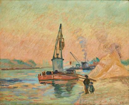 JEAN-BAPTISTE ARMAND GUILLAUMIN (1841-1927) 
Quai de Bercy, les barges à grue.
Huile...