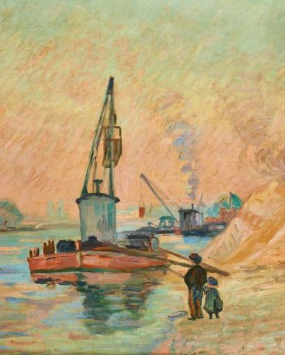 JEAN-BAPTISTE ARMAND GUILLAUMIN (1841-1927) 
Quai de Bercy, les barges à grue.
Huile...