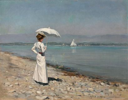 Frédéric DUFAUX (1852-1943) 
Elégante à l'ombrelle en bord de lac.
Huile sur toile.
Signée...