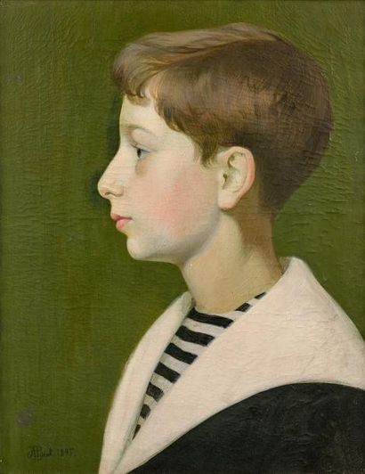 Armand POINT (1860-1932) 
Profil de jeune garçon en tenue de marin.
Huile sur toile.
Signée...
