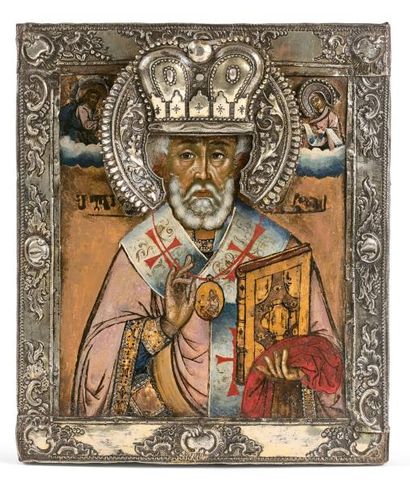 RUSSIE Icône de Saint Nicolas le Thaumaturge.
Tempera sur bois.
Les bordures et le...