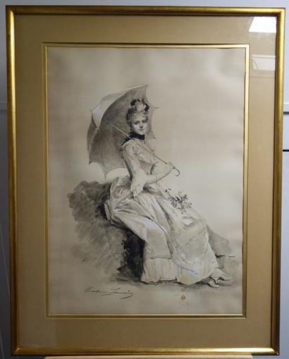Madeleine LEMAIRE (1845-1928) 

Elégante à l'ombrelle. 

Dessin au lavis d'encre...