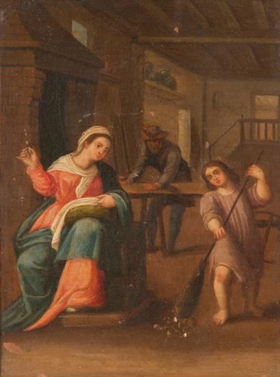 École Flamande du XVIIe siècle 

L'atelier du charpentier : Sainte famille. 

Huile...