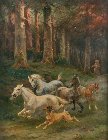 Pierre Auguste BRUNET HOUARD (1829-1922) 

Chevaux et chien effrayés par un ours.

Huile...