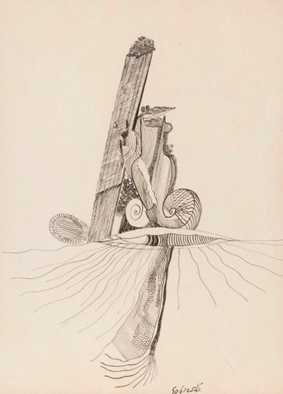 Jean SOBIESKI (1937) 

Paysage imaginaire.

Encre sur papier.

Signée en bas vers...