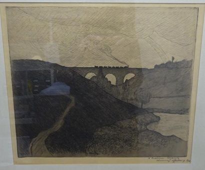 Maxime MAUFRA (1861-1918) 

Paysage au pont. 

Eau forte sur papier. 

Signée dans...