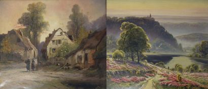 Gaston ANGLADE (1854-1919) 

Paysage lacustre aux bruyères fleuries. 

Huile sur...