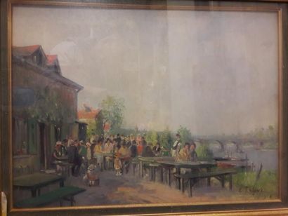Edouard FEBVRE (1885-1967) 

Guinguette de bord de Seine. 1914.

Huile sur toile.

Signée...