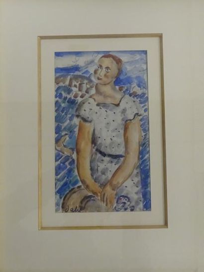 Eugène DABIT (1898-1936) 

Portrait de femme sur fond de paysage bleu. 

Crayon et...