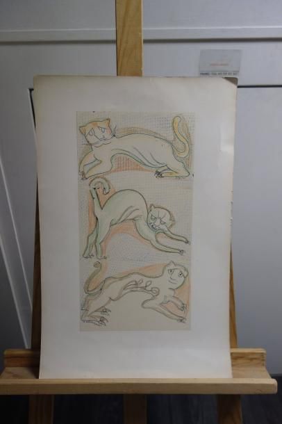 Henry de WAROQUIER (1881-1970) 

Chat. 

Trois dessins au stylo et crayons de couleur...