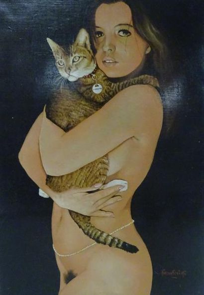 Pierre FERIOLI (1920) 

Jeune femme nue au chat tigré. 

Huile sur toile. 

Signée...