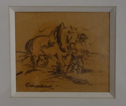 null 

Cheval de trait et son meneur. 

Dessin au crayon sur papier. 

Signé en bas...