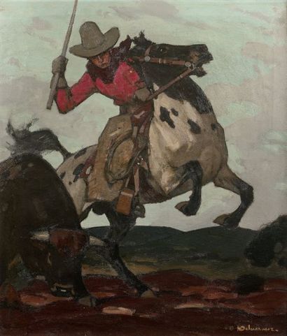 HENRI DELUERMOZ (1876-1943) Cowboy à cheval repoussant un taureau.
Huile sur toile.
Signée...