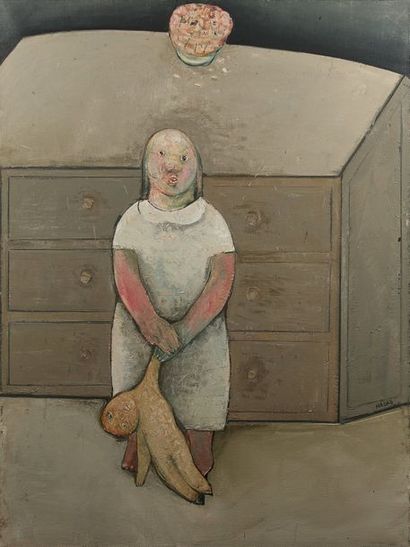 Abraham HADAD (1937) Fillette à la poupée, 1991.
Huile sur toile.
Signée vers le...
