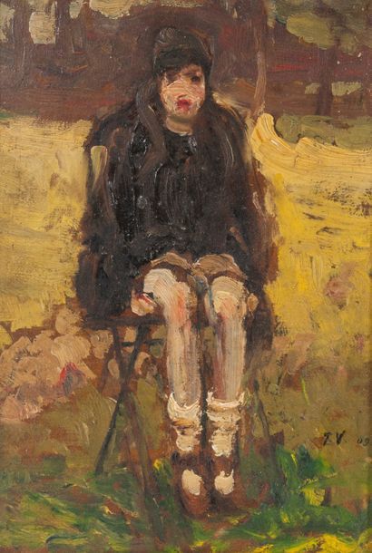 ECOLE FRANCAISE DU XXème siècle Jeune fille assise, 1909.
Huile sur panneau.
Monogrammée...