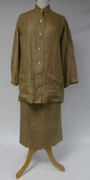 LANVIN 

Tailleur jupe et veste en soie naturelle à motif pied de poule marron sur...