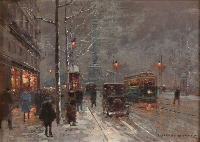 Edouard CORTES (1882-1969) Vers la Place de la Bastille, soir de neige - circa 1930/35.
Huile...