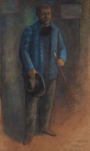 Frédéric Auguste CAZALS (1865-1941) 
Portrait d'homme en pied tenant sa canne et...