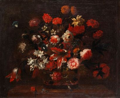 Attribué à Nicolas BAUDESSON (Troyes 1611-Paris 1680) 1 - Corbeille de fleurs sur...