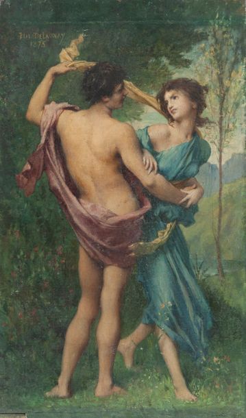 Jule-Elie DELAUNAY (1828-1891) 
Jeune homme retenant une jeune femme, dans un paysage.
Huile...