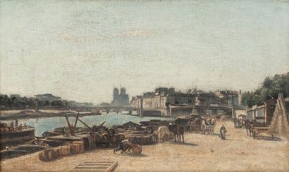 STANISLAS LEPINE (1835-1892) 
La Seine au pont de la Tournelle. Vue du port au vin.
Huile...