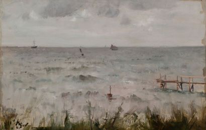 Alfred STEVENS (1823-1906) 
Voiliers au large, Le Havre.
Huile sur panneau.
Signée...